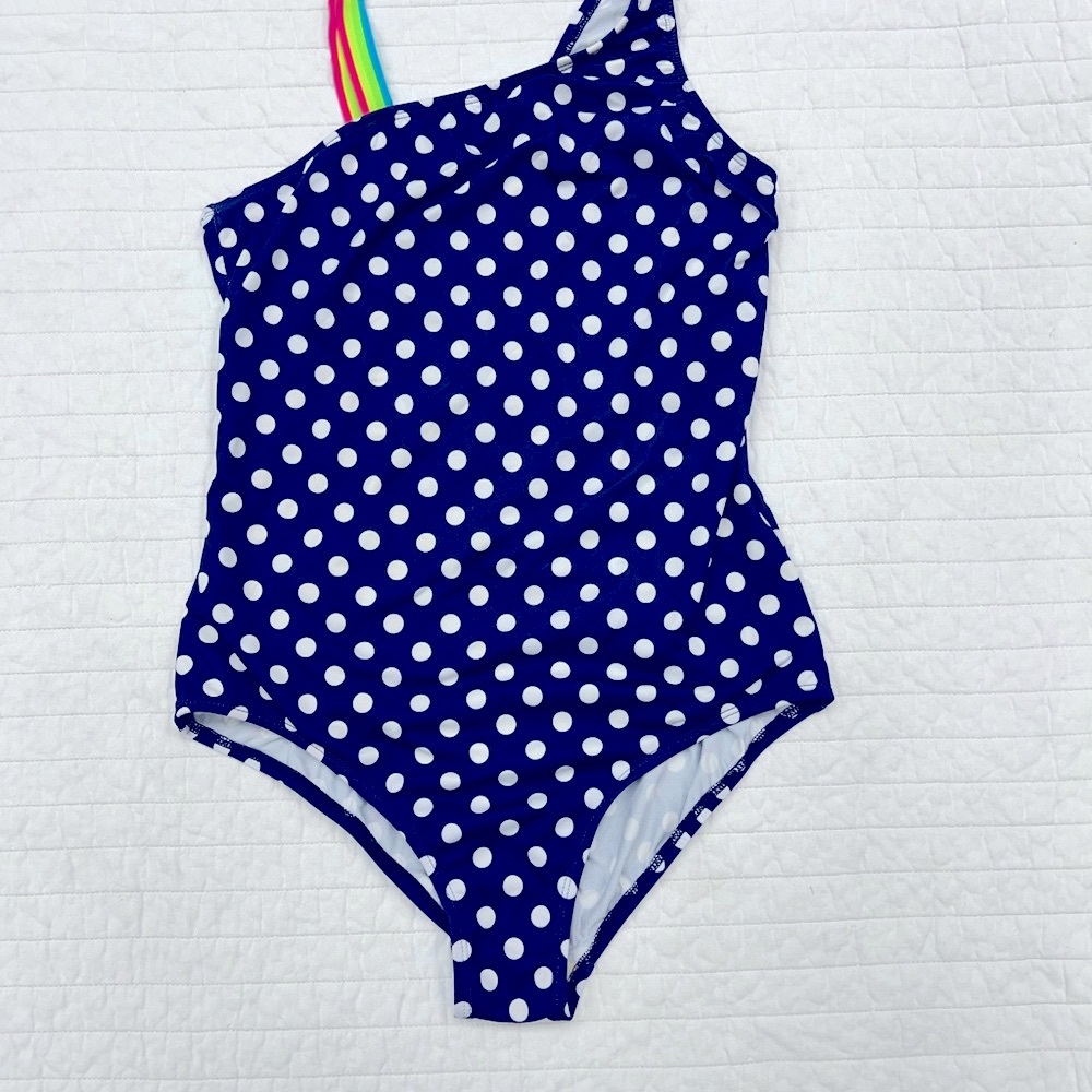 Lands’ End Navy and White Polka Dot One-Piece Swimsuit- size 14